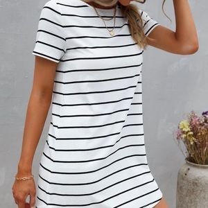 Striped button back curved hem tee dress